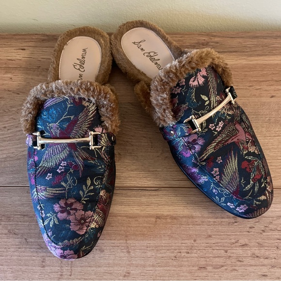 SAM EDELMAN Danica Tapestry Horsebit Fur-Lined Slip On Mule Loafer Flats Size 11 - Picture 3 of 14